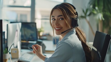 In a corporate setting, a cheerful woman customer support representative, wearing a headset, provides friendly and professional service to customers, with a warm smile, in an office environment