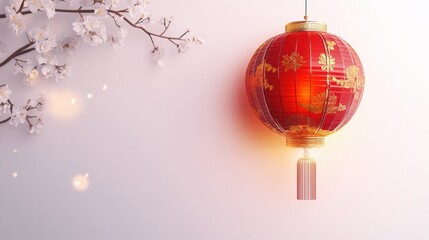 Fototapeta premium An elegant Lunar New Year red lantern with glowing light, surrounded by delicate gold designs and displayed on a clean white background