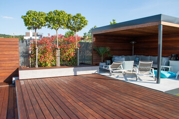 Wooden gazebo modern home garden design with hardwood floor patio