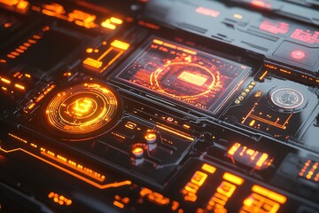 Obraz premium Bitcoin mining operation processing cryptocurrency on futuristic circuit board