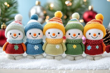 Colorful snowmen figures wearing knitted outfits are displayed on a snowy surface during the holiday season