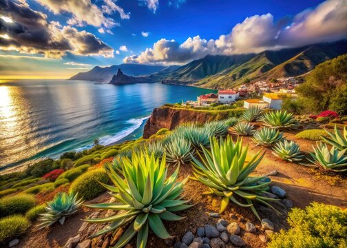 Soaring above Tenerife: Agave and verode paint Teno Alto's stunning volcanic landscape. Canary Islands aerial photography.