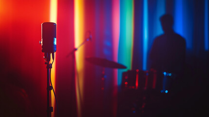 Soft focus captures a captivating audio recording studio with vibrant lighting and equipment during an evening session
