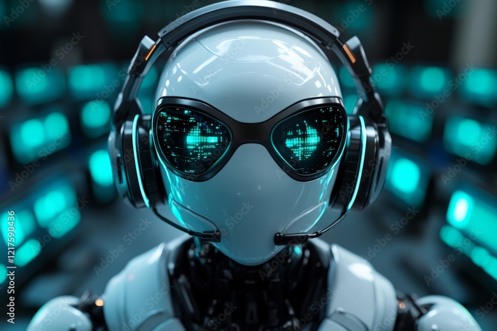 Poster futuristic robot with glowing eyes and headset in a high-tech environment during a digital display