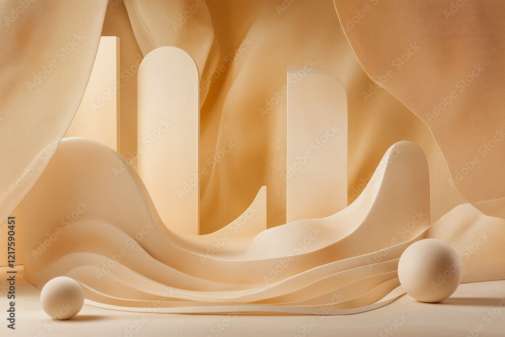 Poster abstract shapes and soundwave designs create a harmonious visual experience in soft, muted tones ble