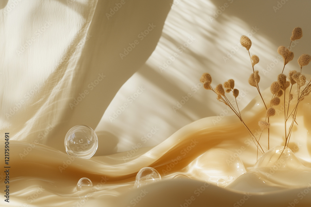 Poster abstract shapes and soundwave designs blend in calming tones with soft textures and organic elements