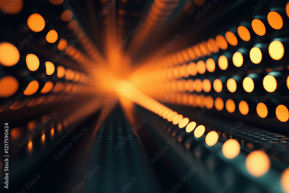 Poster abstract composition of glowing soundbars with an immersive depth effect at a modern audio event