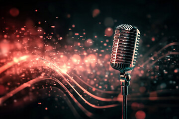 Artistic logo design featuring a sleek microphone surrounded by vibrant sound waves and dynamic...