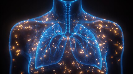 Illustration of the human lungs and upper body, glowing blue with network lines