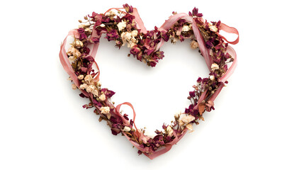Obraz premium ? A heart-shaped wreath made of dried flowers and ribbons isolated on white background in HD