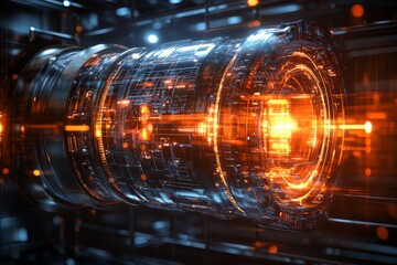 Futuristic energy core with intricate design glowing in dark mechanical environment