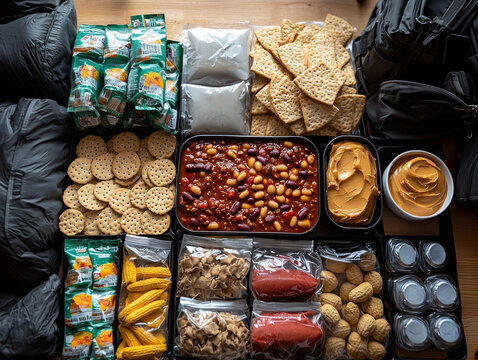 detailed display of Canadian military ration kit includes hearty chili crackers peanut butter and dessert arranged on warm wooden surface illuminated natural light.