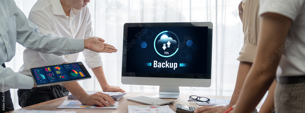 Poster Backup Storage Data Internet Technology Business concept. Database storage cloud technology file data transfer sharing, cyber, big data information, internet banking application download upload brisk