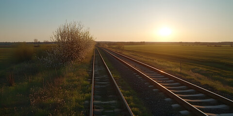 Obraz premium Sunset over train tracks stretching into a vast, golden field. A blooming tree stands beside the railway, bathed in the warm light of the setting sun.