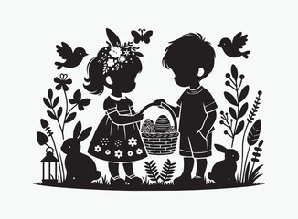 High-Quality Children Carrying Easter Baskets Silhouette Vector for Easter-Themed Projects