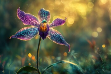 A vibrant purple and teal orchid blooms in the golden sunlight, showcasing intricate details and bokeh background.