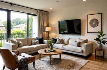 a modern and stylish living space that combines a living room and a kitchen or dining area.