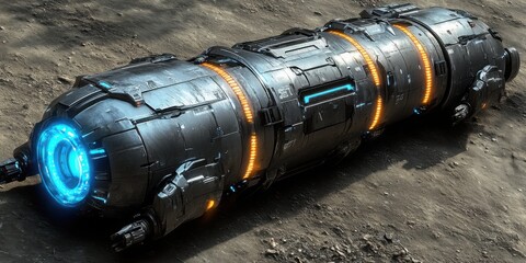 Futuristic cargo pod with advanced technology and glowing blue accents

