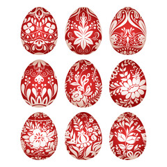 Set of traditional easter eggs decorated with floral ethnic folk floral patterns. Red decorative eggs vector illustrations. Happy easter painted monochrome eggs ornate for hunting celebrations.