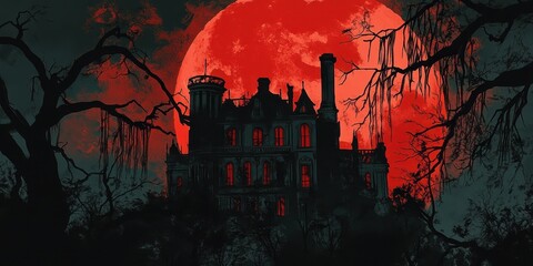Crimson Moon Over Haunted Mansion Silhouette