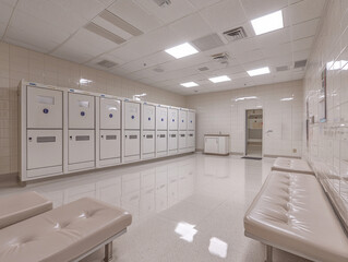 Brightly lit locker room offers clean and spacious lockers for hospital staff. Soft close doors enhance functionality while maintaining sterile and hygienic environment.