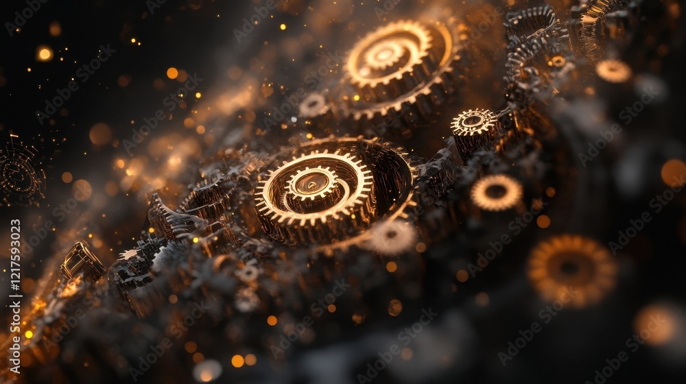 Poster golden gears are rotating smoothly within a complex mechanism, showcasing a futuristic design and ad