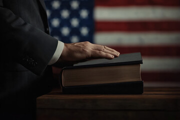 Hand on the Bible in court or the oath on the constitution book during the inauguration in parliament. Oath of Office. 
