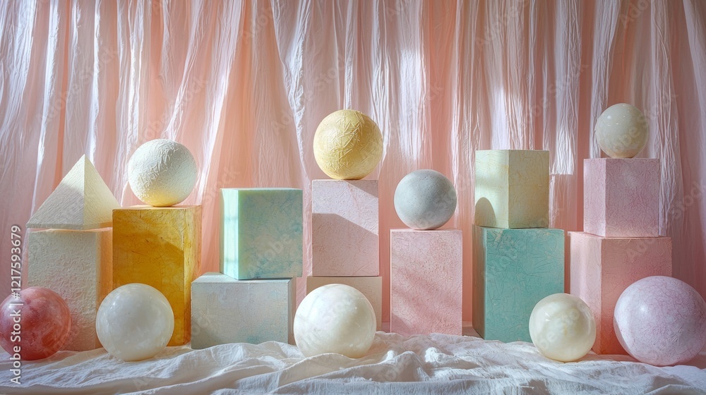 Poster harmonious arrangement of stacked pastel cubes spheres and pyramids creates modern and abstract aest