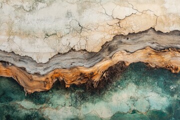 A weathered wooden log rests on a cracked, painted wall, creating a striking contrast of textures...