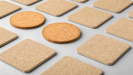 Mockup of square cork coasters paired with round ones, arranged on a soft gray background, offering a rustic and natural design for branding and eco-conscious product presentations.