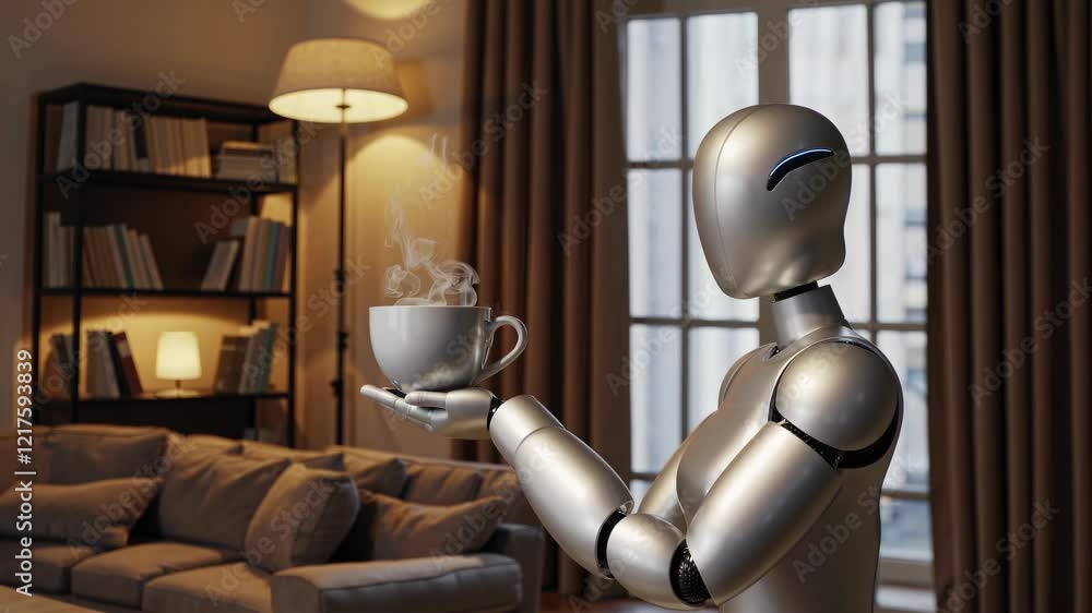 Aufkleber robots engage in household tasks in modern living room setting with ambient lighting