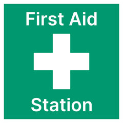 Obraz premium Square Green and White First Aid Station Sign with Cross and White Border