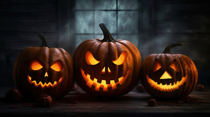 Obraz premium Spooky Jack-o'-Lanterns in a Rustic Halloween Setting