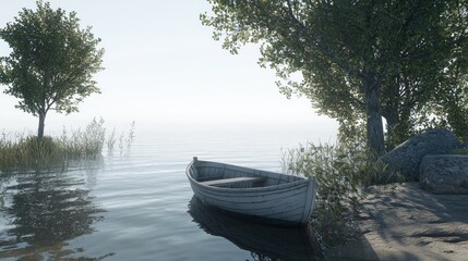 Serene misty lake, lone rowboat, tranquil shore, sunrise