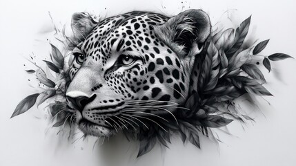 Monochromatic leopard portrait amidst foliage.