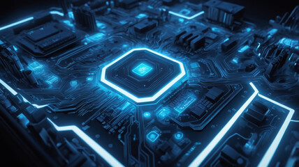 Fototapeta premium Abstract circuit board glowing in neon blue.