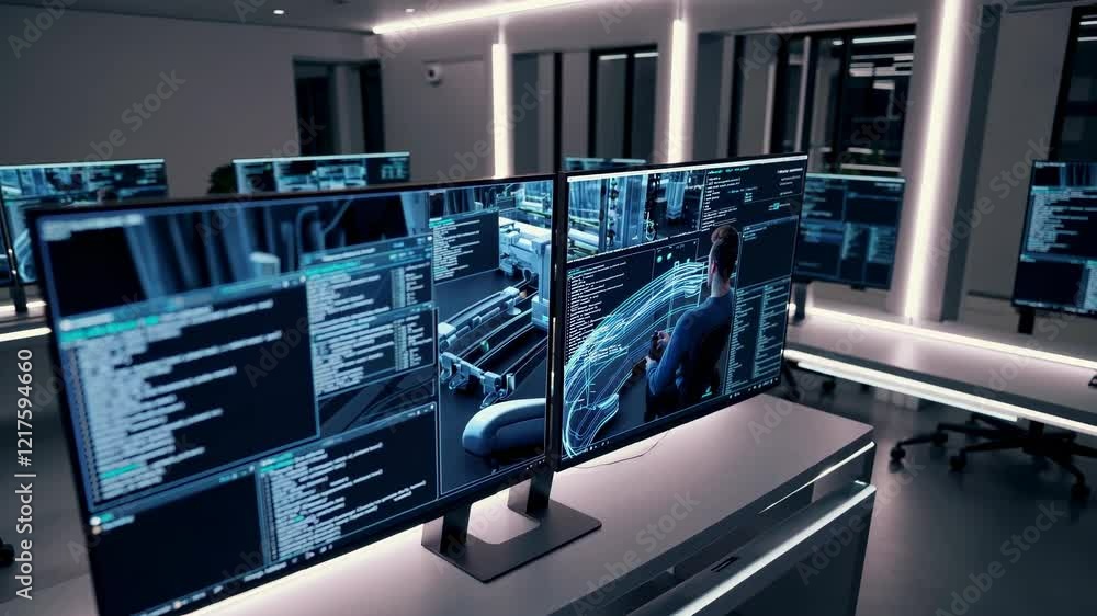 Poster exploring a modern tech workspace filled with advanced screens and data analysis