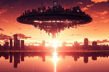 Fototapeta premium Floating City Sunset Over Cityscape Reflection