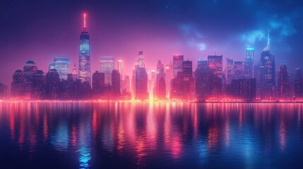 Fototapeta premium A vibrant city skyline illuminated with colorful lights reflecting on water.