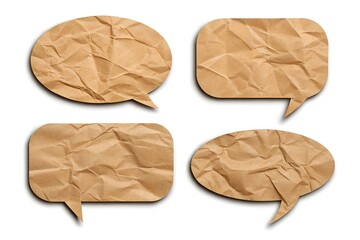 A set of four crumpled brown paper speech bubbles with different shapes, isolated on a white background. Perfect for eco-friendly design themes or text highlighting.