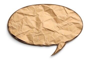 A single crumpled brown paper speech bubble with a rustic, handmade appearance, isolated on a white background. Suitable for eco-conscious or minimalist projects.