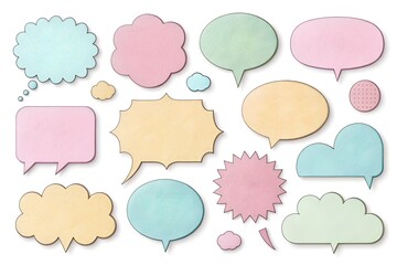 A selection of pastel-colored flat paper speech bubbles and shapes, including circles and stars, isolated on a white background. Perfect for clean, modern, and creative designs.