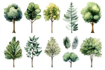 Fototapeta premium Collection of diverse watercolor trees showcasing various shades of green and leaf structures in a vibrant design