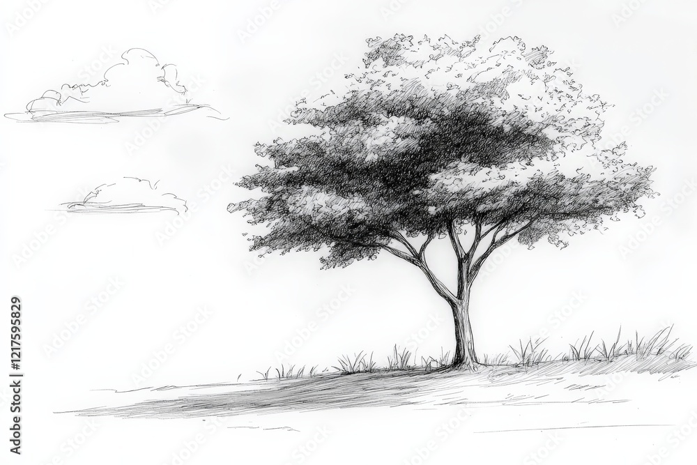 Poster sketch of a tranquil tree under soft clouds in a serene outdoor setting during daytime