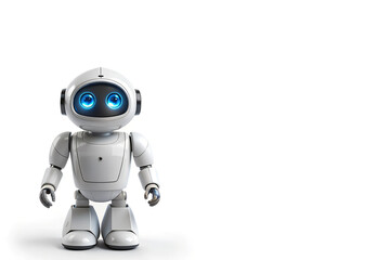small humanoid robot with white and grey design, rounded head, cylindrical arms and legs, rectangular torso, and large rounded feet for stability