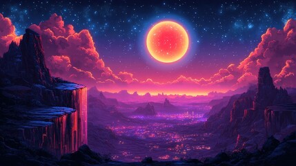 A vibrant, surreal landscape with a large red sun and dramatic mountains.