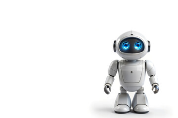 small humanoid robot with white and grey design, rounded head, cylindrical arms and legs, rectangular torso, and large rounded feet for stability