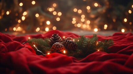 Christmas pinecones on red cloth with fairy lights, blurred festive background