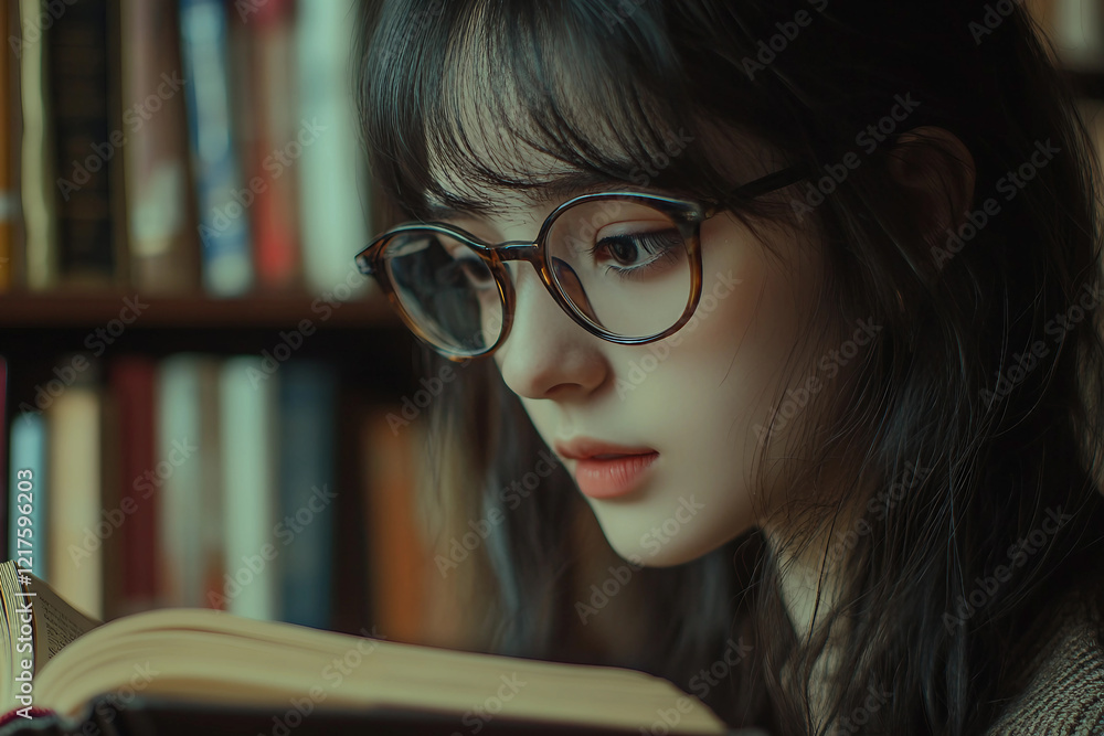 Poster an image of clever student is reading a book in library made generative ai