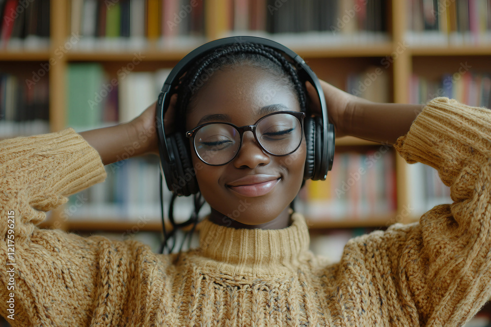 Poster an image of clever student is reading a book in library made generative ai